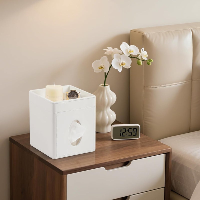 Cretkhp Tissue Box Cover, PU Leather Square Tissue Box Holder with Storage Tray for Bathroom Vanity Countertop Night Stands Bedroom Office Desk, Stylish Tissue Holder Decorative Organizer - Image 5